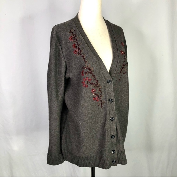 Eddie Bauer embroidered v-neck cardigan grey cotton blend berries beaded XL - Picture 8 of 8